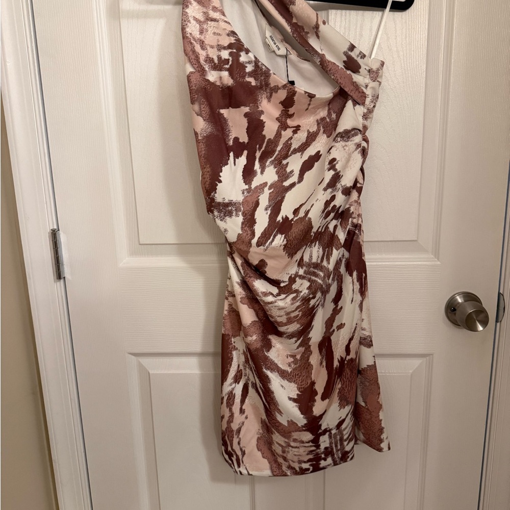 Chic One Shoulder Dress in Brown and Cream great wedding guest dress size M